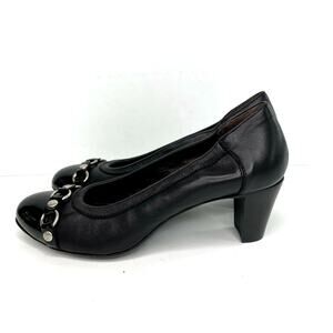 AGL Women's  Patent Leather block Heels Slip On Chain Accent pump shoes